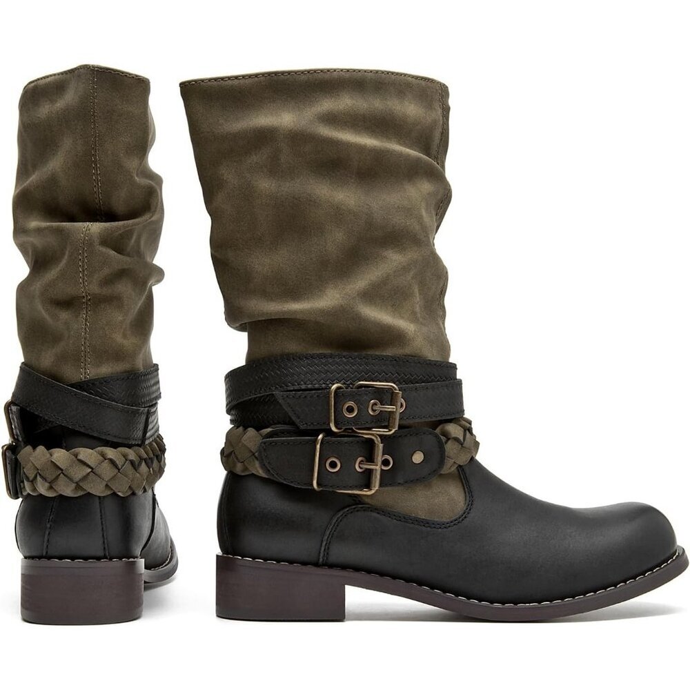Women's Green SelRoys Mid-Calf Motorcycle Riding Boots Buckle Straps Pull-On - Picture 4 of 7